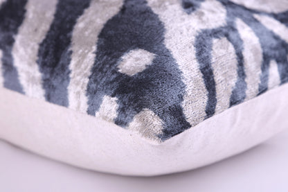 Handmade Velvet Pillow with insert – Blue-Gray Abstract Ikat, 16x24"