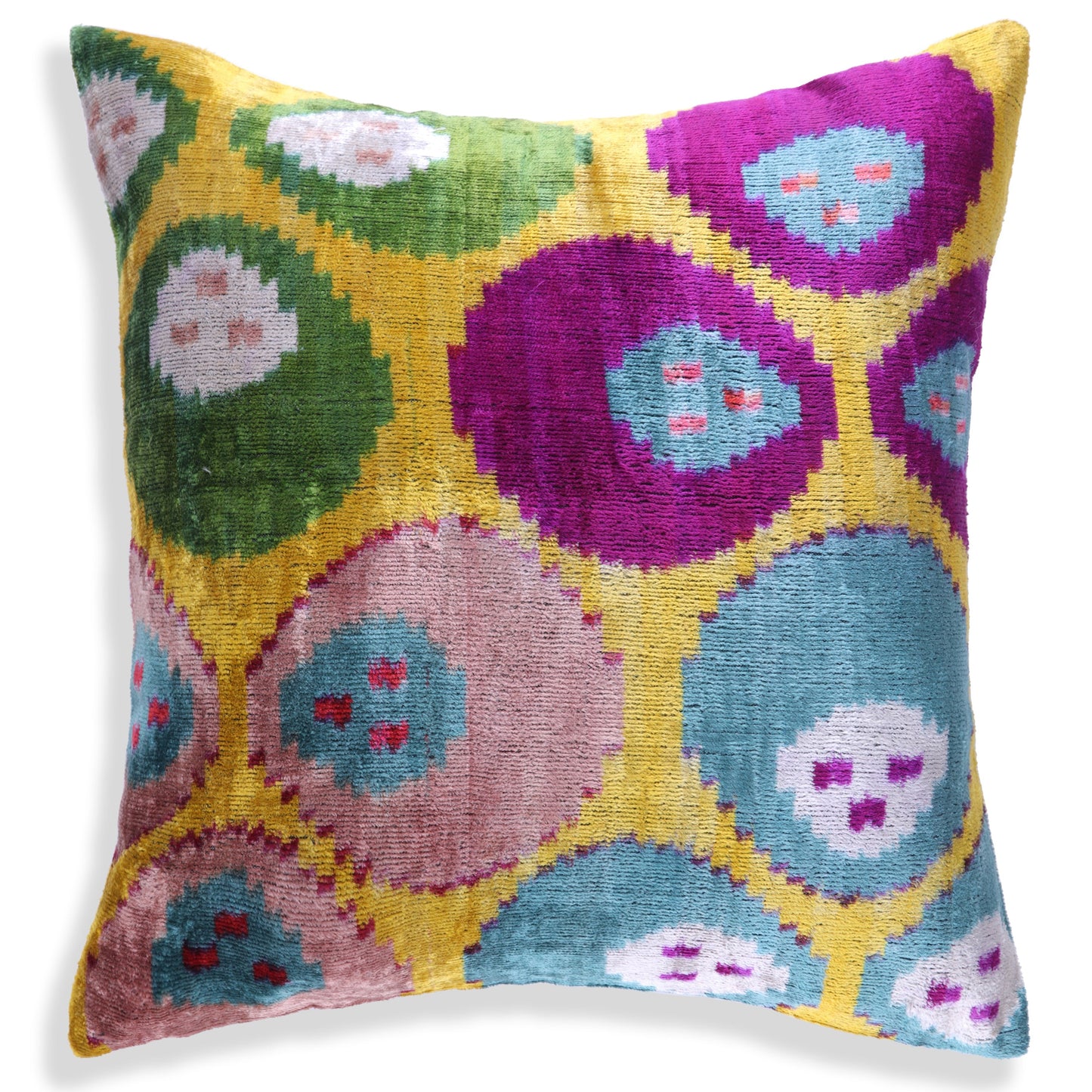 Multicolor Dotted Ikat Pillow – 16x16” Silk Velvet | Handmade