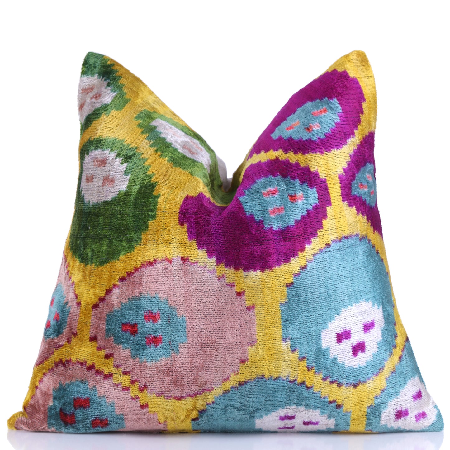 Multicolor Dotted Ikat Pillow – 16x16” Silk Velvet | Handmade