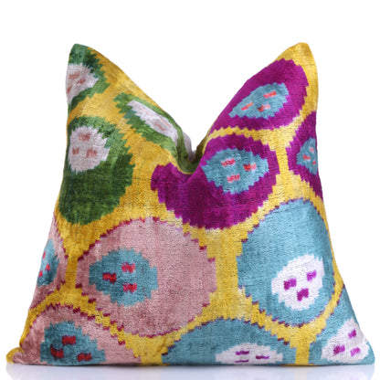 Multicolor Dotted Ikat Pillow – 16x16” Silk Velvet | Handmade