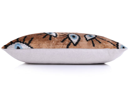 Handmade Ikat Velvet Throw Pillow with insert  16x24 in – Silk Brown White Modern Eye