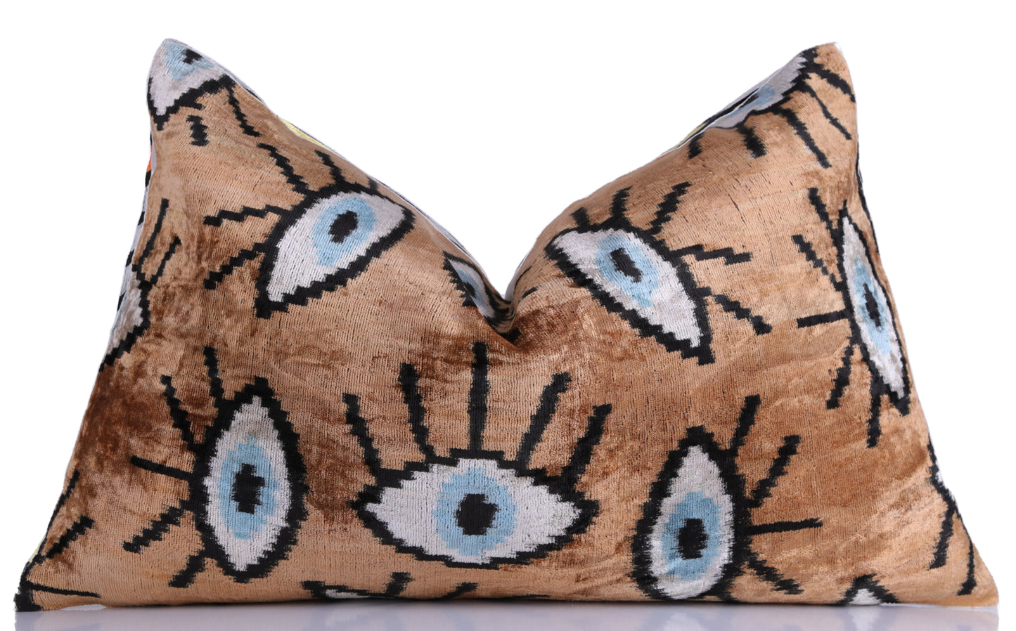 Handmade Ikat Velvet Throw Pillow with insert  16x24 in – Silk Brown White Modern Eye