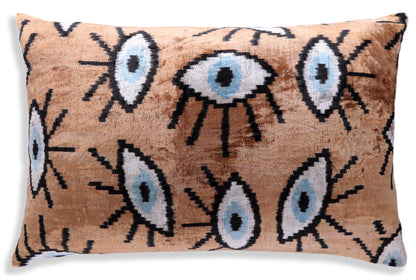 Handmade Ikat Velvet Throw Pillow with insert  16x24 in – Silk Brown White Modern Eye