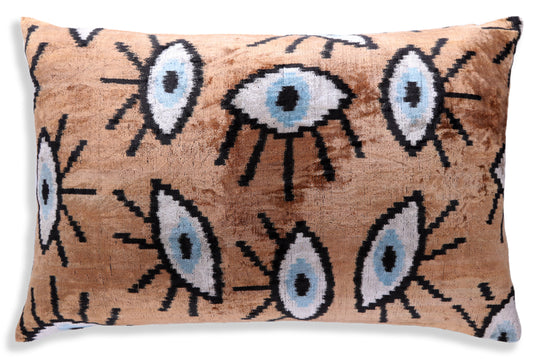 Handmade Ikat Velvet Throw Pillow with insert  16x24 in – Silk Brown White Modern Eye