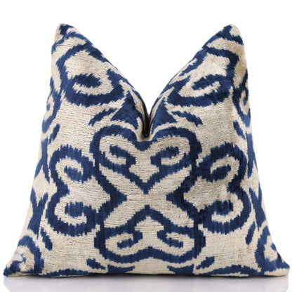 Indigo Ikat Velvet Pillow – Handmade 16x16 Square Accent Cushion