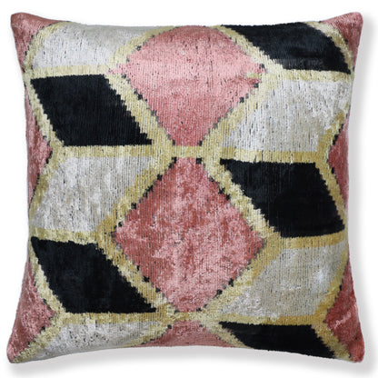 Blush Geometric Silk Velvet Throw Pillow 16x16 | Handmade Pink & Black Designer Accent Pillow