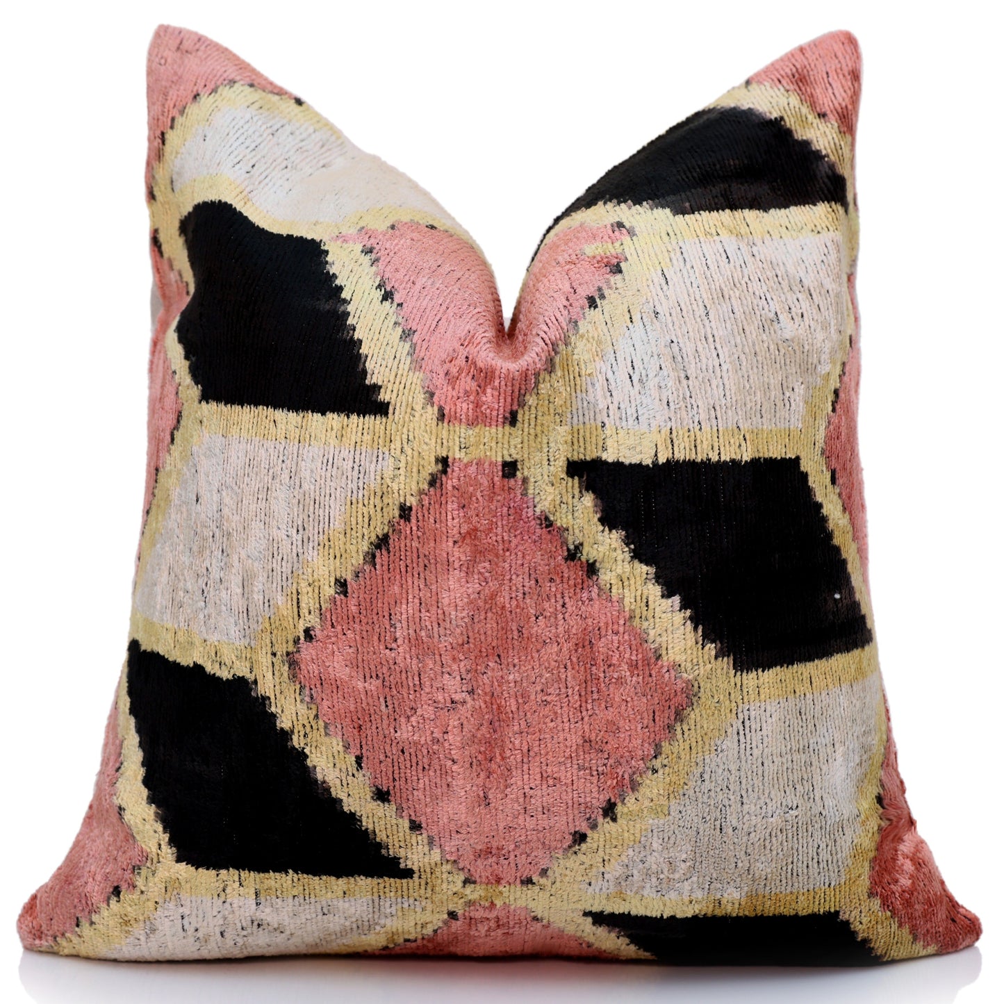 Blush Geometric Silk Velvet Throw Pillow 16x16 | Handmade Pink & Black Designer Accent Pillow