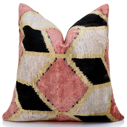 Blush Geometric Silk Velvet Throw Pillow 16x16 | Handmade Pink & Black Designer Accent Pillow