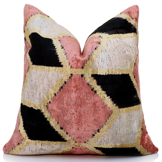 Blush Geometric Silk Velvet Throw Pillow 16x16 | Handmade Pink & Black Designer Accent Pillow