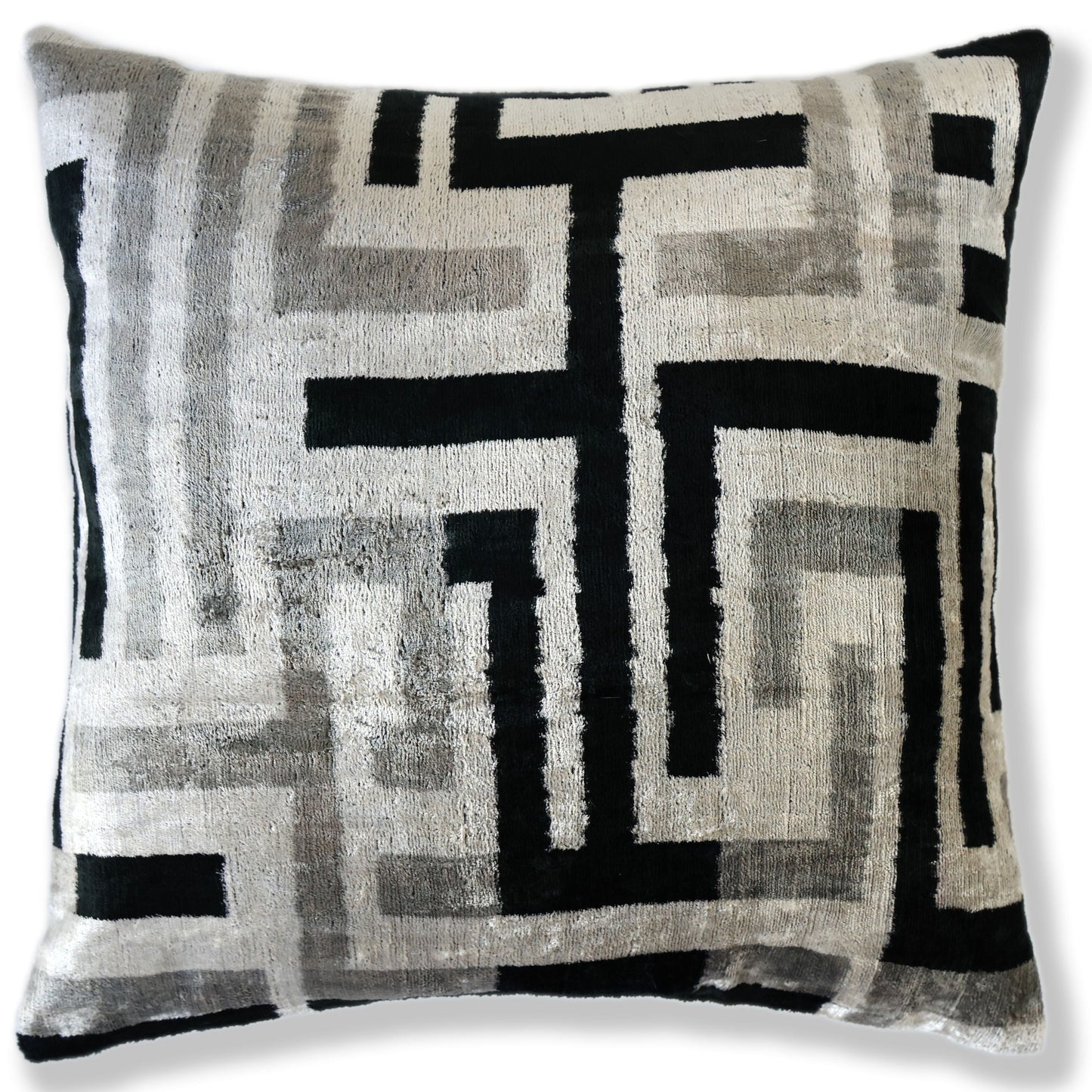 Hand-Knotted Geometric Maze Silk Velvet Pillow - 20x20 Black & Silver