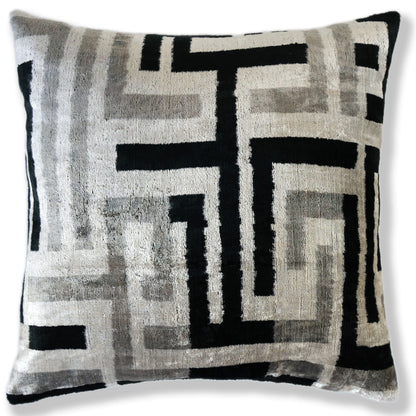 Hand-Knotted Geometric Maze Silk Velvet Pillow - 20x20 Black & Silver