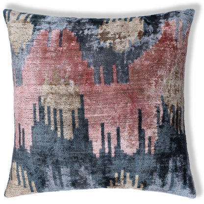 The Designer's Choice: Slate Blue & Dusty Rose Ikat Velvet Pillow 20x20 in