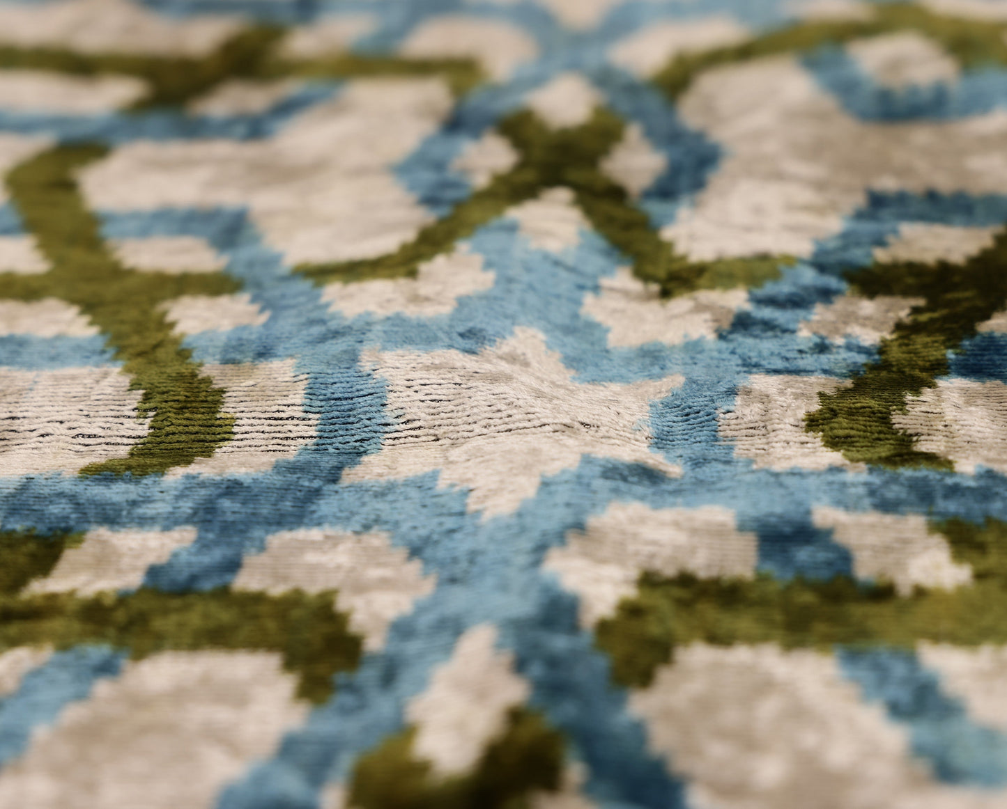 Handmade Velvet Ikat Lumbar Pillow 16x24 | Sky Blue & Olive Trellis