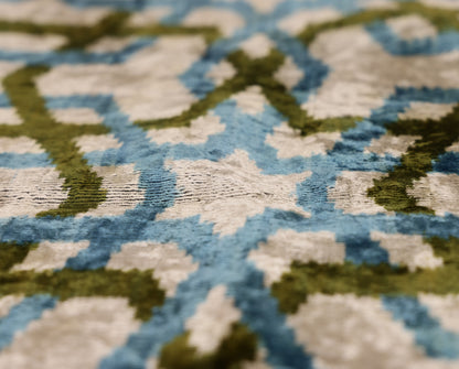 Handmade Velvet Ikat Lumbar Pillow 16x24 | Sky Blue & Olive Trellis