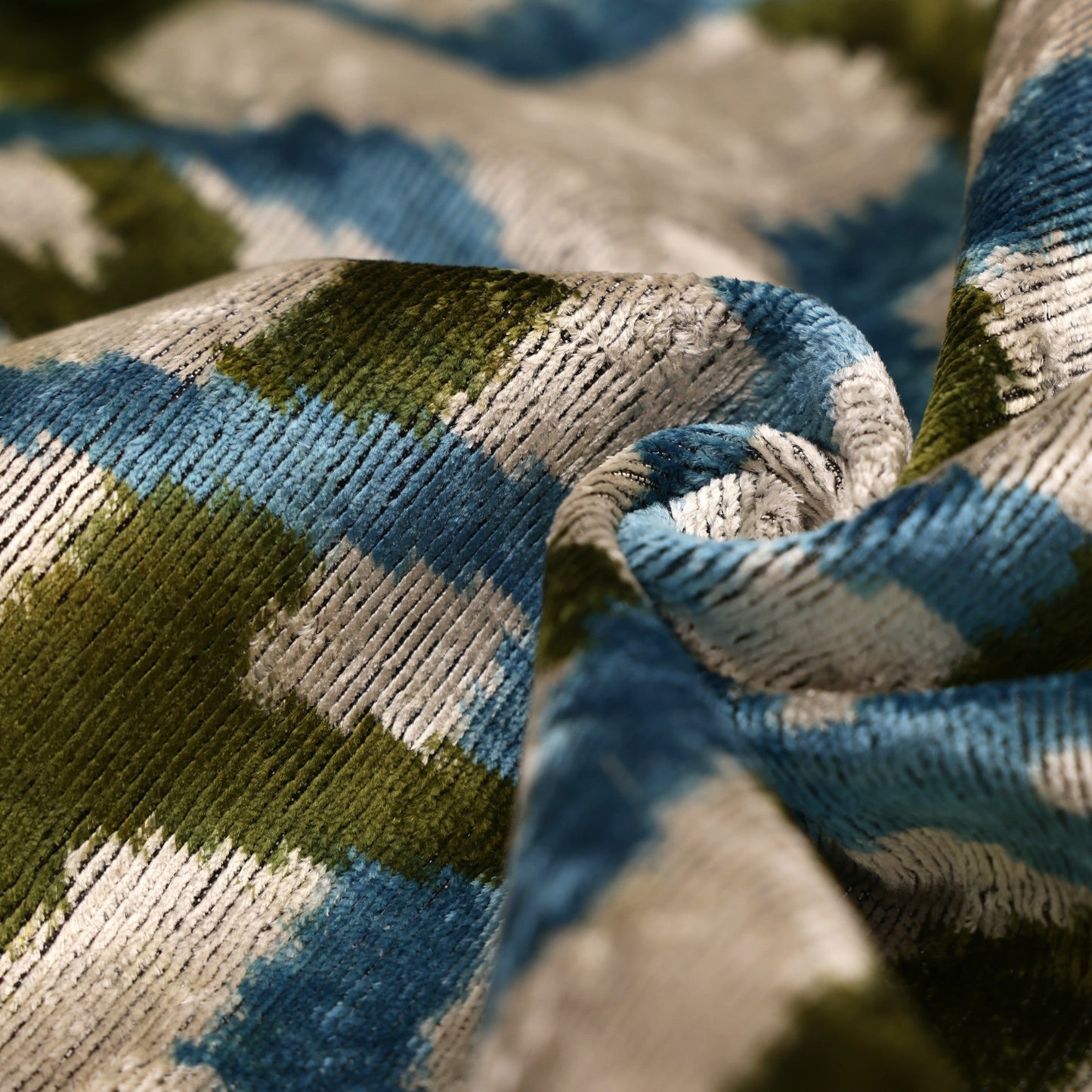 Handmade Velvet Ikat Lumbar Pillow 16x24 | Sky Blue & Olive Trellis
