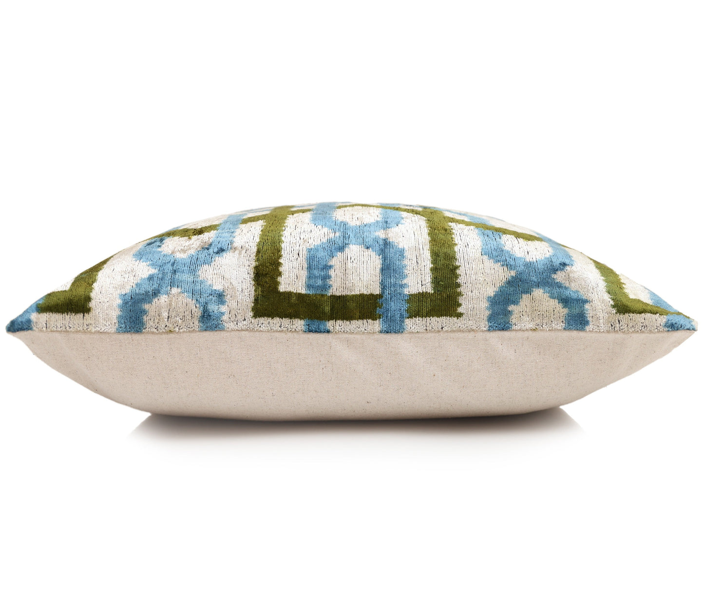 Handmade Velvet Ikat Lumbar Pillow 16x24 | Sky Blue & Olive Trellis