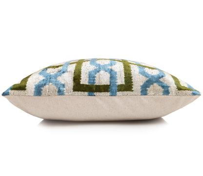 Handmade Velvet Ikat Lumbar Pillow 16x24 | Sky Blue & Olive Trellis