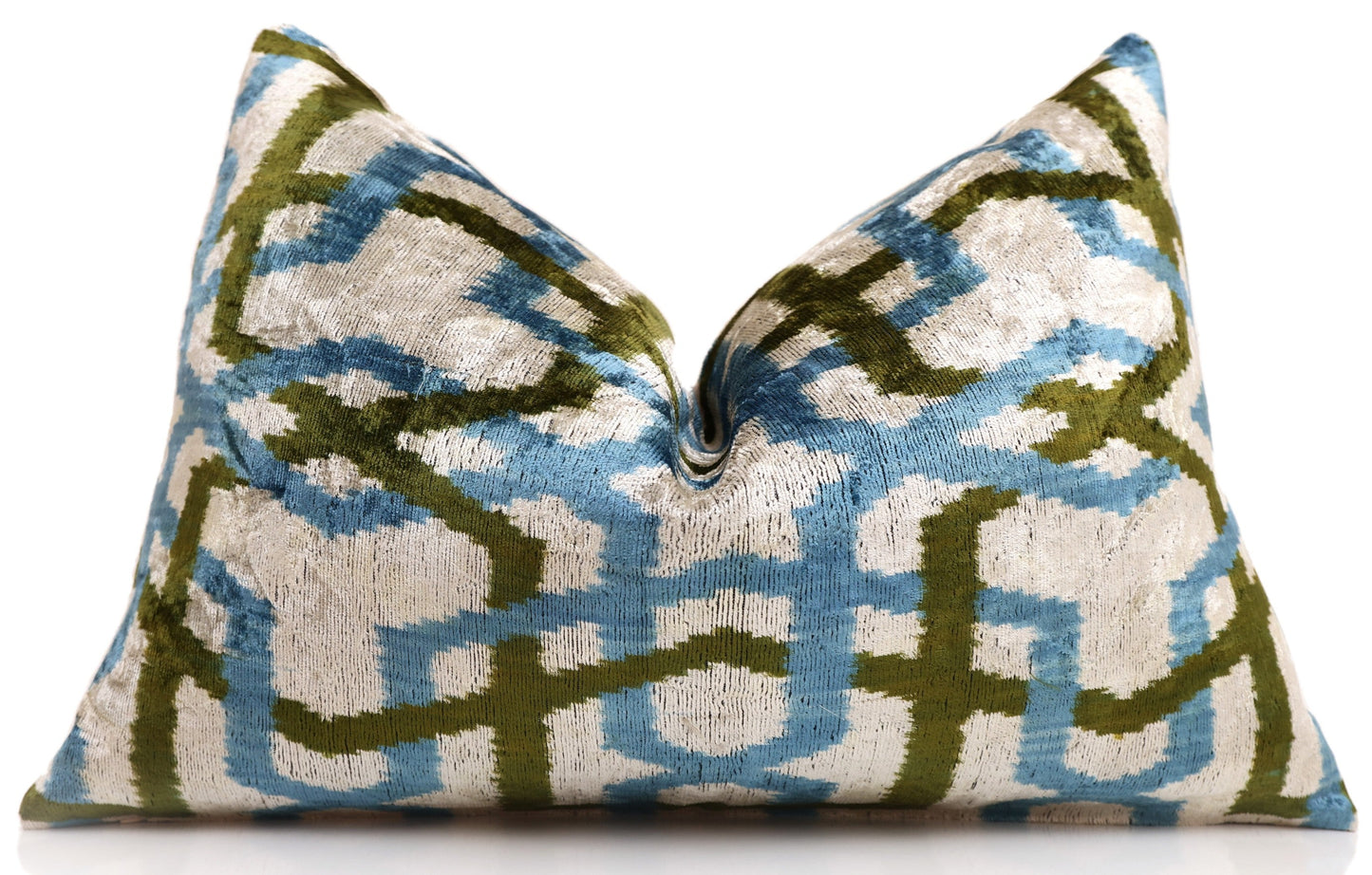 Handmade Velvet Ikat Lumbar Pillow 16x24 | Sky Blue & Olive Trellis