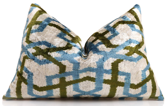 Handmade Velvet Ikat Lumbar Pillow 16x24 | Sky Blue & Olive Trellis