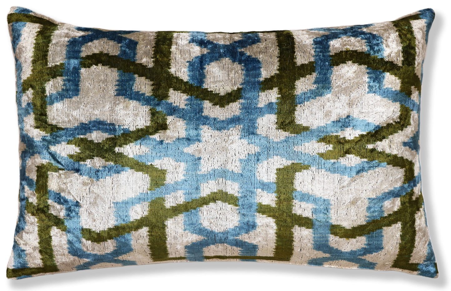 Handmade Velvet Ikat Lumbar Pillow 16x24 | Sky Blue & Olive Trellis
