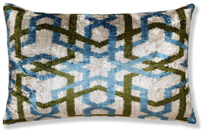 Handmade Velvet Ikat Lumbar Pillow 16x24 | Sky Blue & Olive Trellis